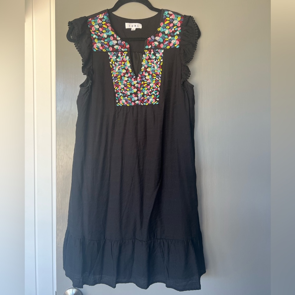 NWOT- Black Dress with flower embroidery